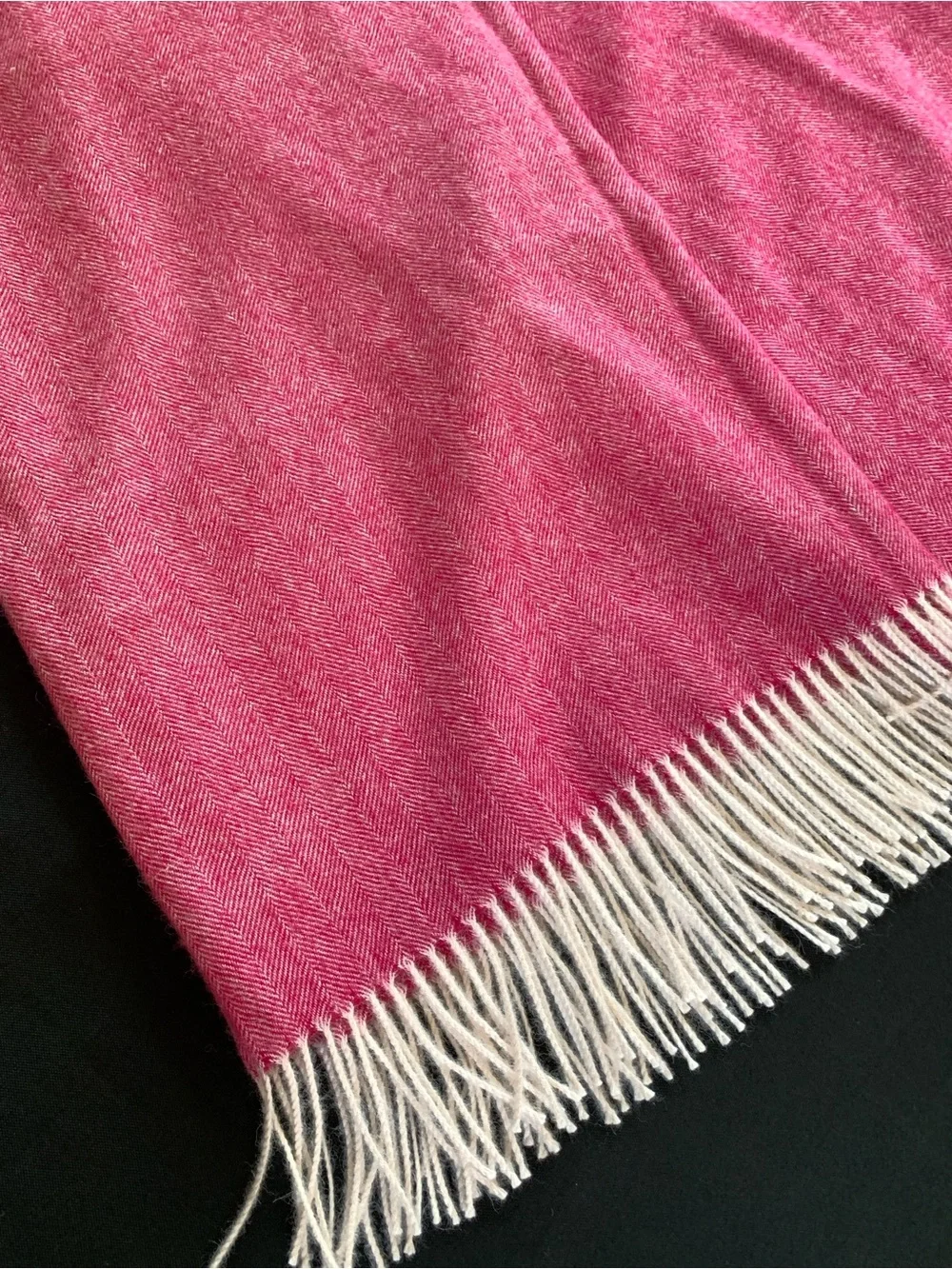 Soft Pink & Cream Herringbone Wool Blend Throw Blanket w/ Fringe 52.5”x67
